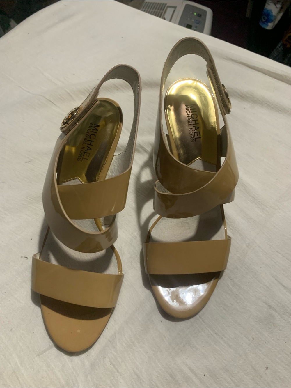 Michael Kors Beige Patent Strappy Slingback Heels